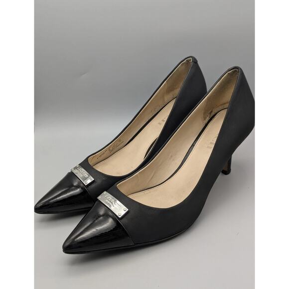 Y2K Coach Logo Leather Point Cap Toe Black Silver Stiletto Heels Shoes Size 6 - Picture 1 of 15